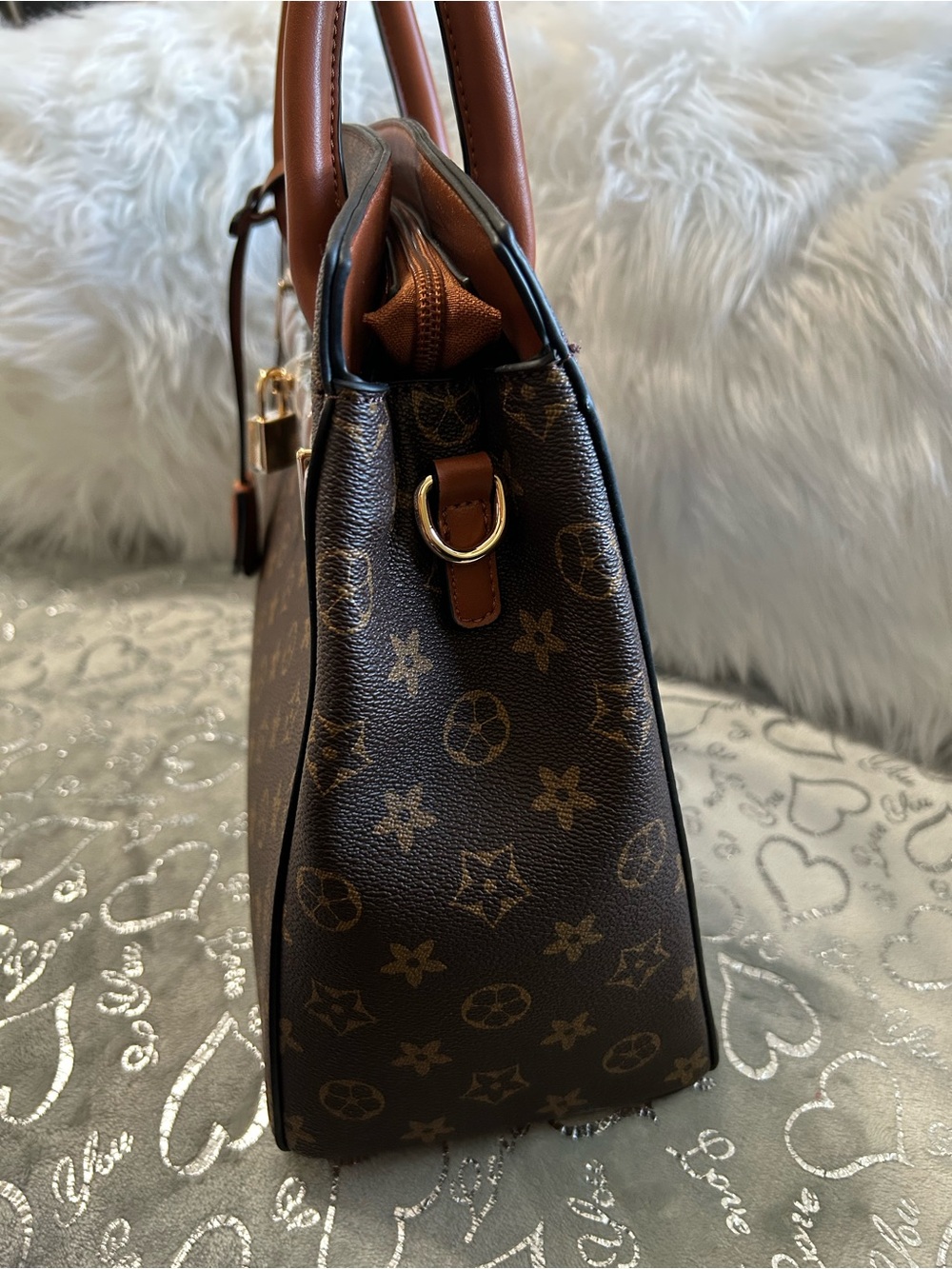 NWT Brown Monogram Tote Handbag with Gold Lock & Matching Wallet - Picture 3 of 11